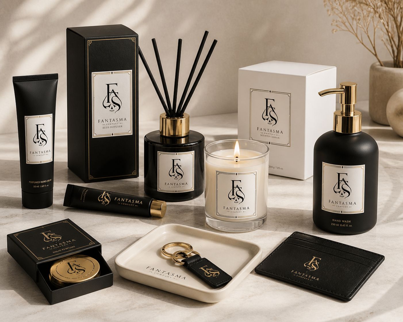 Fantasma full product collection with diffuser, candle, hand wash, hand cream, solid perfume, key ring, and card holder.